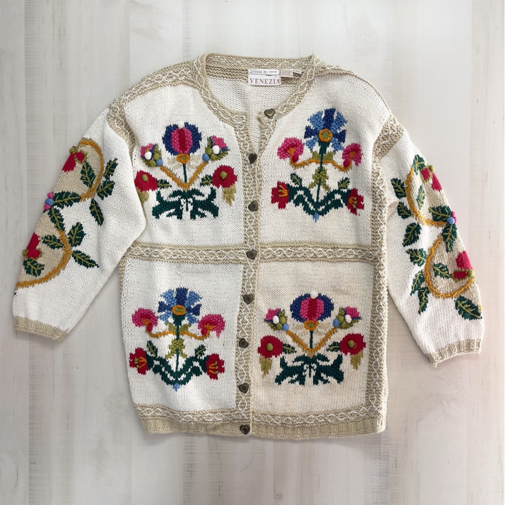 VENEZIA hand knit floral bird cardigan sweater vintage 14 16 - Picture 4 of 11